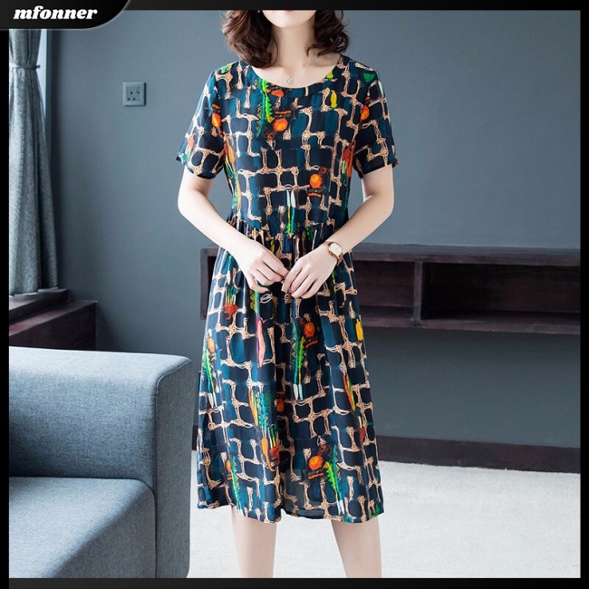 Đầm Tay Ngắn Cổ Tròn Dáng Rộng In Hoa Thời Trang Mùa Hè Xinh Xắn Cho Nữ