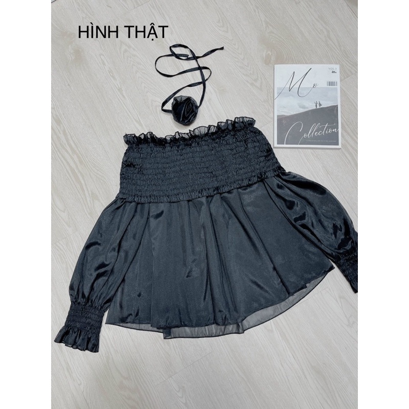 Áo voan tơ dài nhún trễ vai tay dài có tặng kèm chocker hoa như hình alohashop91