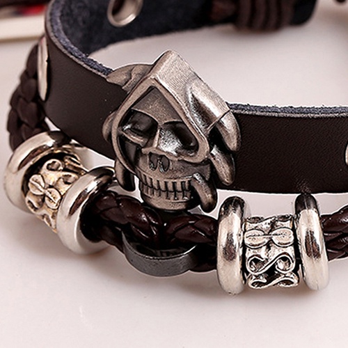 Vòng Tay Giả Da Nhiều Lớp Mặt Đầu Lâu Cá Tính