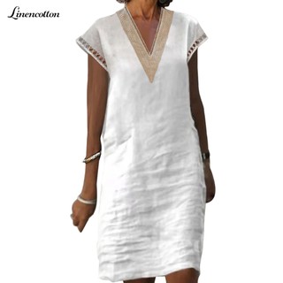 Đầm Vải Lanh Cotton Cổ Chữ V Thời Trang Mùa Hè Cho Nữ