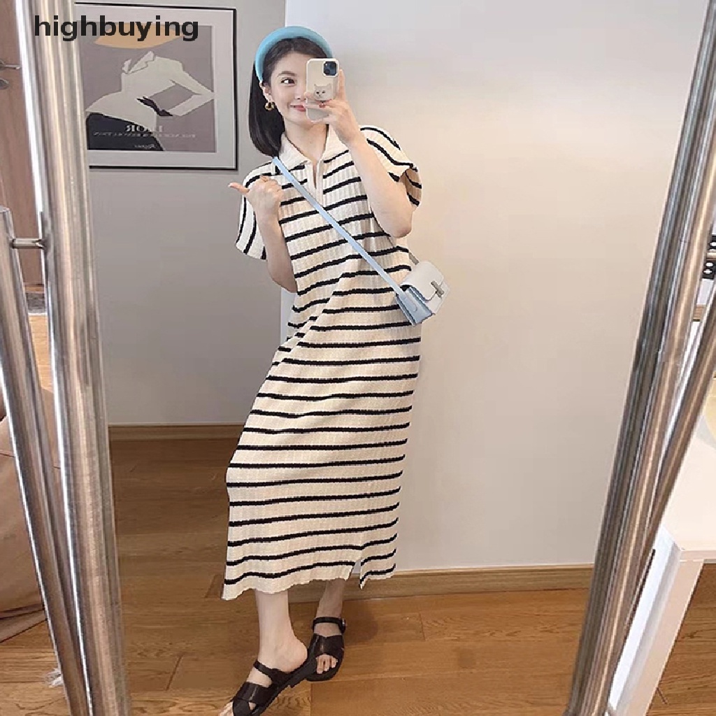 Đầm Thun Dài Cổ Chữ V Tay Ngắn Họa Tiết Kẻ Sọc Thời Trang Cho Nữ