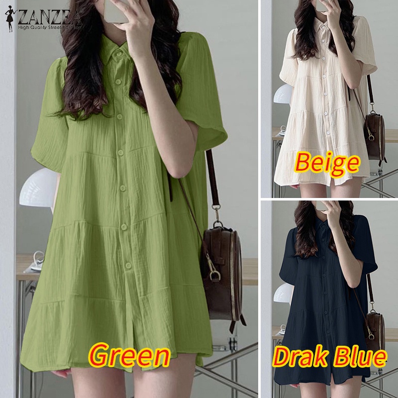 ZANZEA Áo Sơ Mi Nữ Ngắn Tay Cổ Bẻ Form Rộng Thời Trang