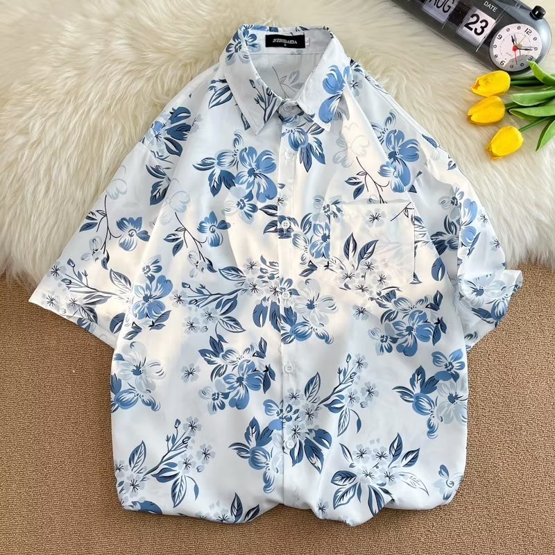 Áo Sơ Mi Polo Cài Nút Họa Tiết Hoa Xanh Dương Thời Trang Mùa Hè Cho Nam Cỡ M-3XL Áo Sơ Mi Ngắn Tay Dáng Rộng Thời Trang Hàn Quốc Dành Cho Nam