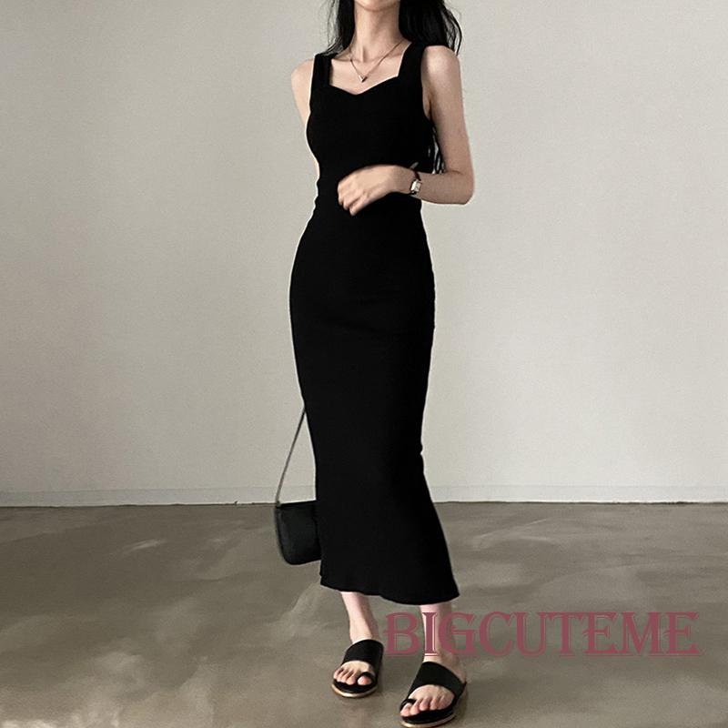 [] - Đầm Dài Dệt Kim Ôm Dáng Không Tay Màu Trơn Cổ Cao Gợi Cảm Cho Nữ