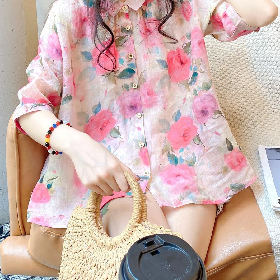 Áo Sơ Mi Cổ Búp Bê Dáng Rộng In Họa Tiết Hoa Thời Trang Mùa Hè Hàn Quốc Cho