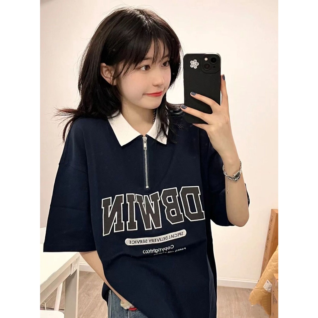 Áo polo Ngắn Tay Dáng Rộng Phối Khóa Kéo Thời Trang Mùa Hè Dành Cho Nữ