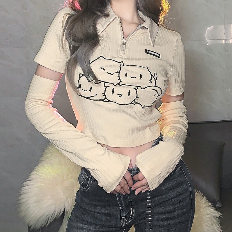Weird Puss Áo Thun Tay Dài In Hoạt Hình Dễ Thương Dành Cho Nữ