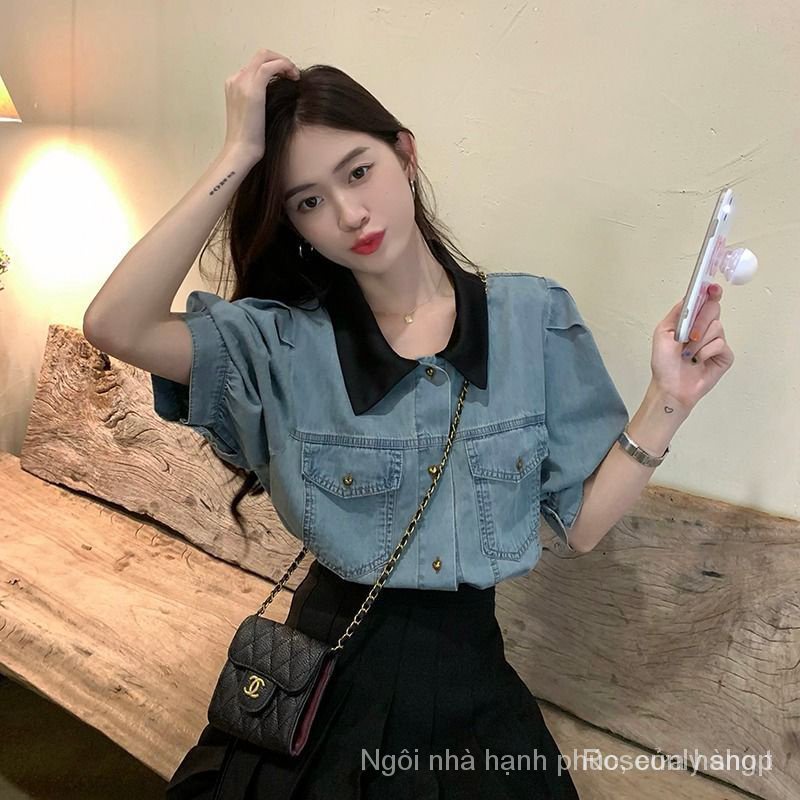Áo Sơ Mi denim Tay Ngắn Phong Cách Hàn Quốc Thời Trang Mùa Hè 2023 Dành Cho Nữ