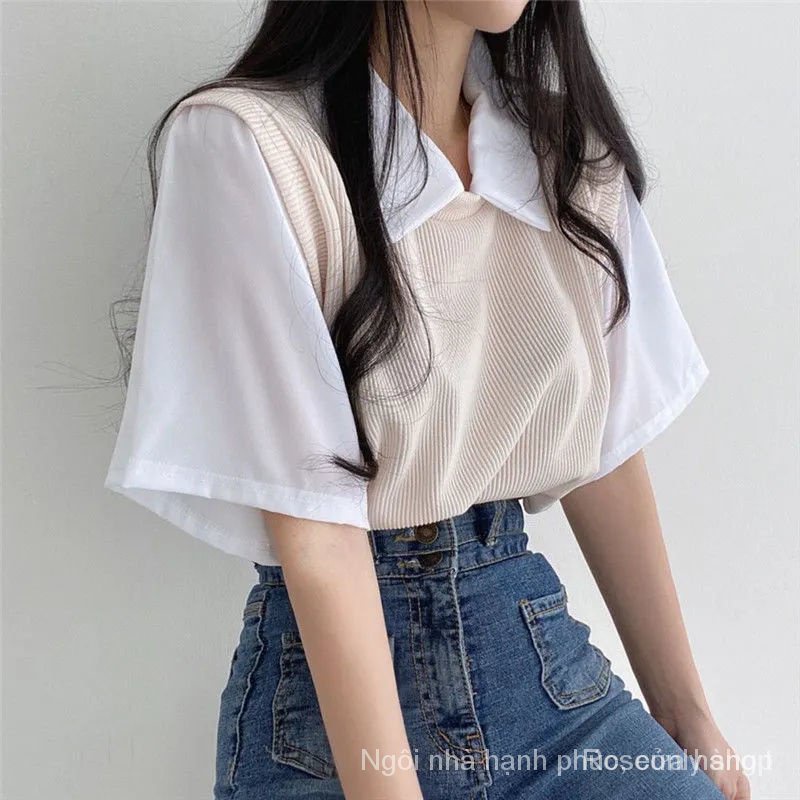 Áo Thun polo Ngắn Tay Giả Hai Lớp Phong Cách preppy Thường Ngày Dành Cho Nữ