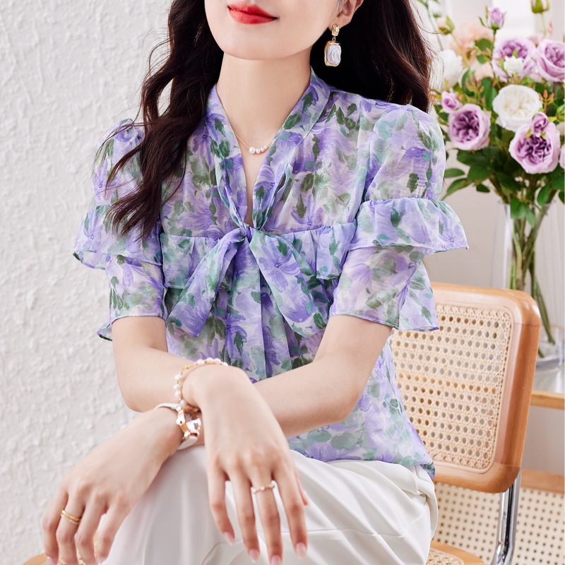 Áo Sơ Mi Chiffon Họa Tiết Hoa Màu Tím Thời Trang Mùa Hè 2023 Phong Cách Mới Cho Nữ