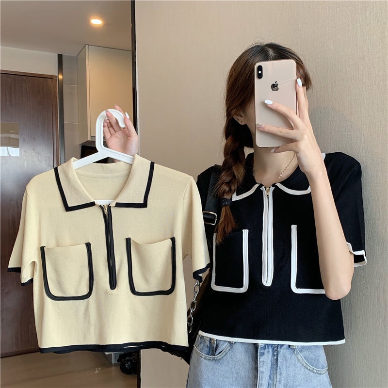 Áo Dệt Kim Phối Khóa Kéo Phong Cách Retro Hàn Quốc Cho Nữ