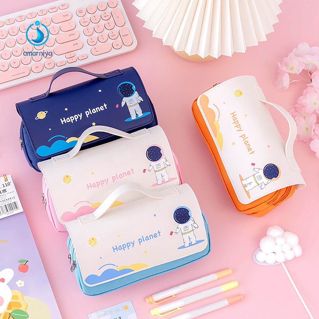 (Shop Amart) Túi Đựng Bút 2 Ngăn Đa Năng Bằng Vải Canvas In Hình Phi Hành Gia