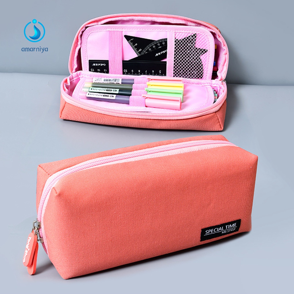 (Shop Amart) Túi Đựng Bút Bằng Vải Canvas Phối Lưới Có Dây Kéo