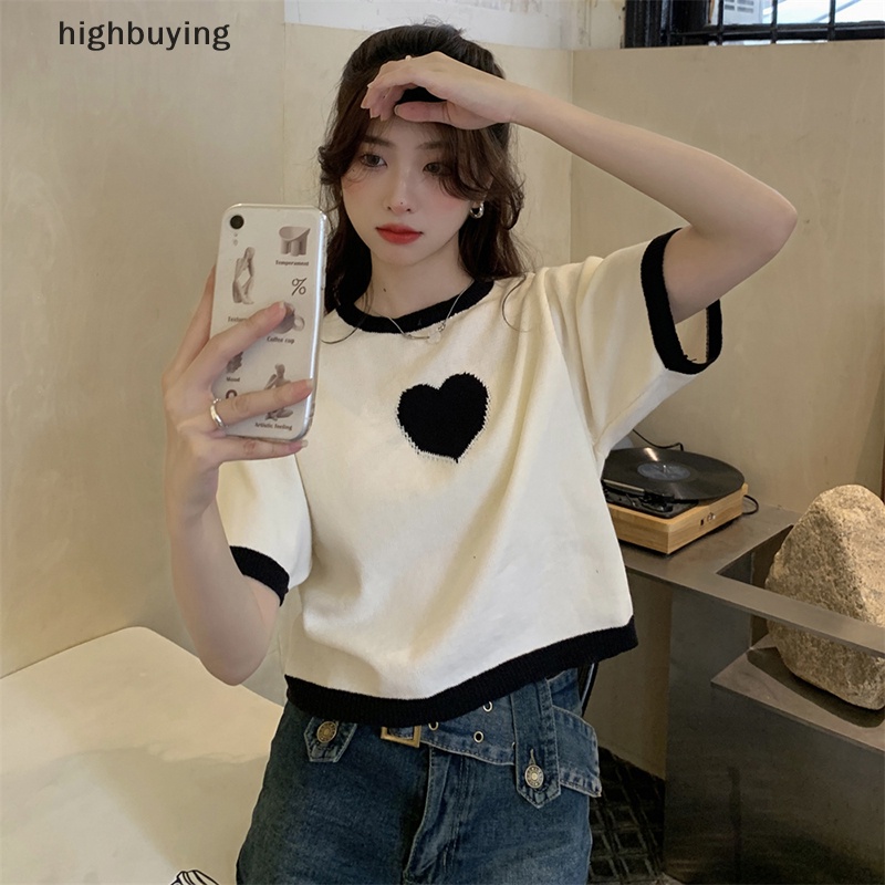 Áo Thun Croptop Dệt Kim Tay Ngắn Cổ Tròn Dáng Rộng In Hình Trái Tim Thời Trang Mùa Hè Cho Nữ
