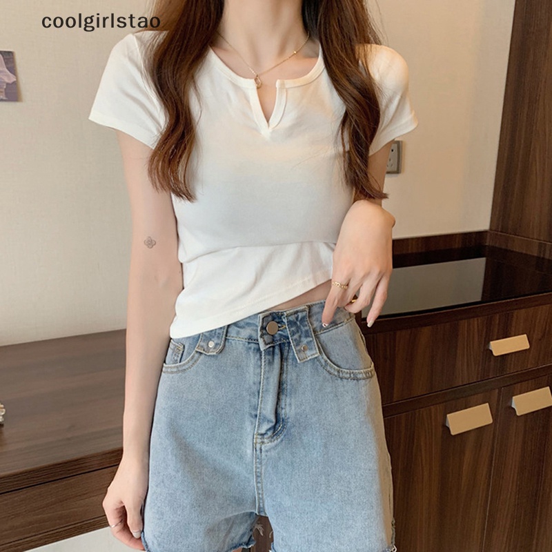 Mùa Hè V Cổ Ngắn Tay Áo T-Shirt Phụ Nữ Màu Rắn Giản Dị Slim Tee Crop Top JHS