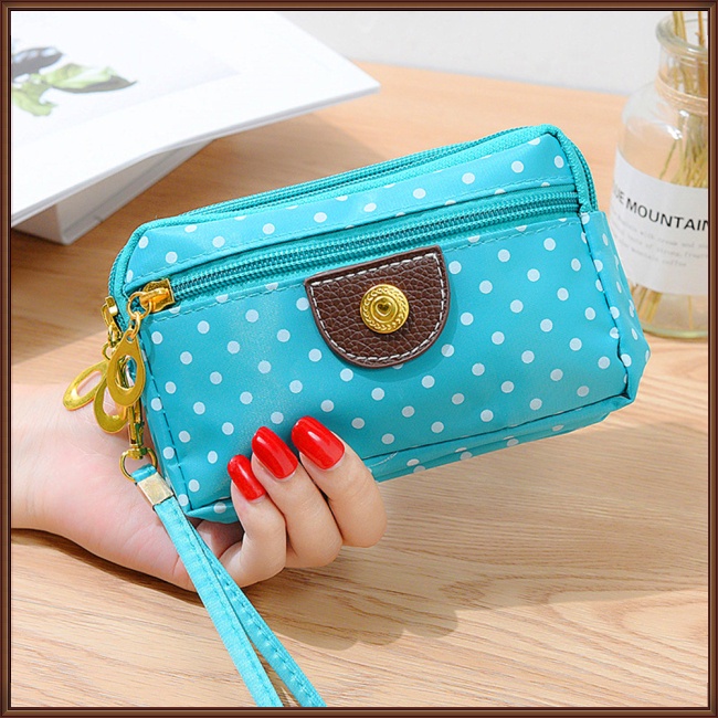 Jaz Túi Xách Tay Bằng Vải Bạt 3 Lớp Có Dây Kéo In Chấm Bi Đựng Điện Thoại Cho Nữ