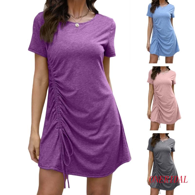 Đầm Tay Ngắn Cổ Tròn Màu Trơn Phối Dây Rút Thời Trang Quyến Rũ Cho Nữ