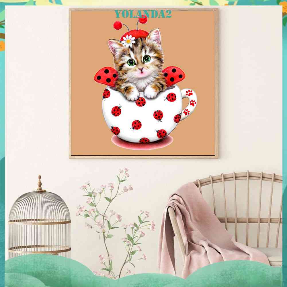 Bộ Tranh Đính Đá 5D Tự Làm Hình Mèo Đeo Cốc Đáng Yêu