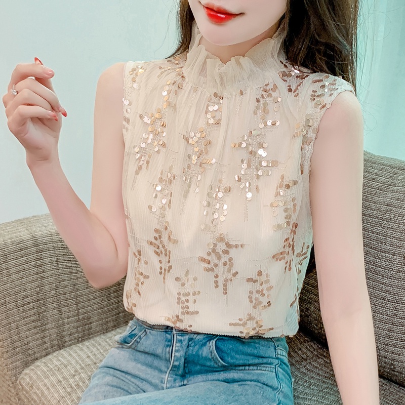 Áo Sát Nách Cổ Cao Xếp Ly Dáng Rộng Vải Lụa Sáng Lấp Lánh Kiểu Hàn Quốc Thời Trang Mùa Hè 2023