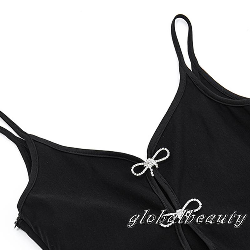 Đầm Ngắn Không Tay Cổ Chữ V Sâu Hở Lưng Màu Đen Thời Trang Mùa Hè Cho Nữ