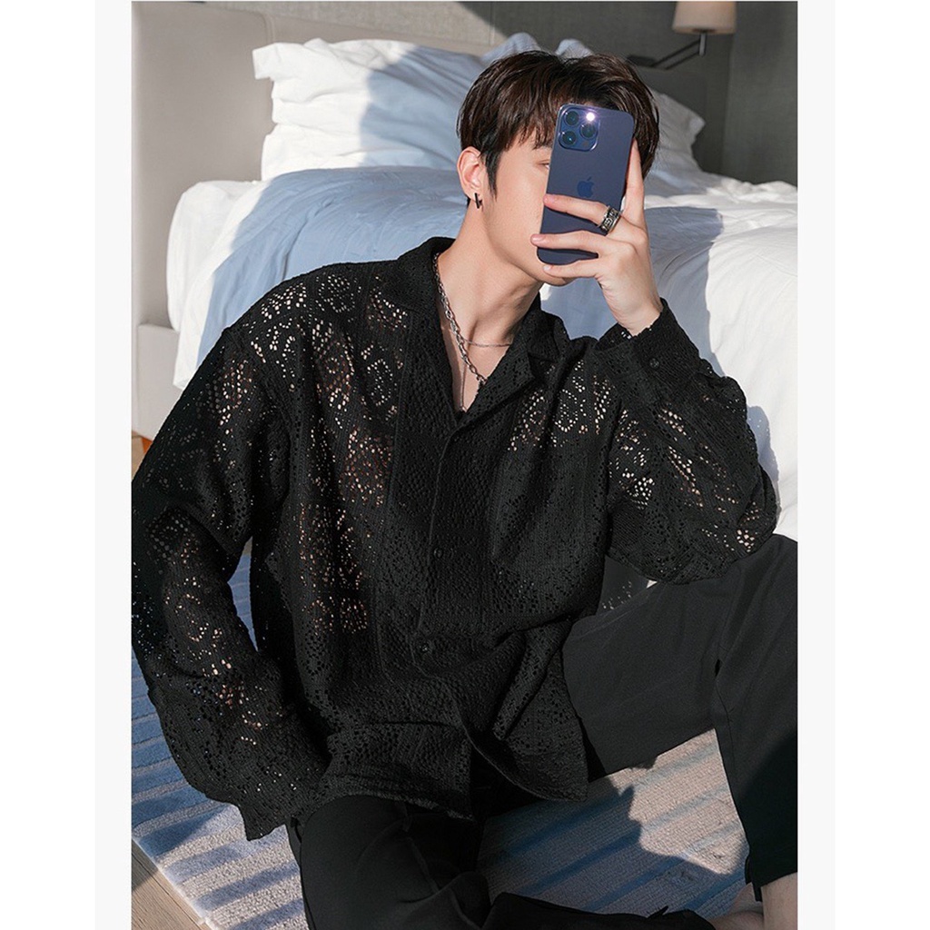 Sơ mi Ren nam tay dài xuyên thấu sexy form rộng