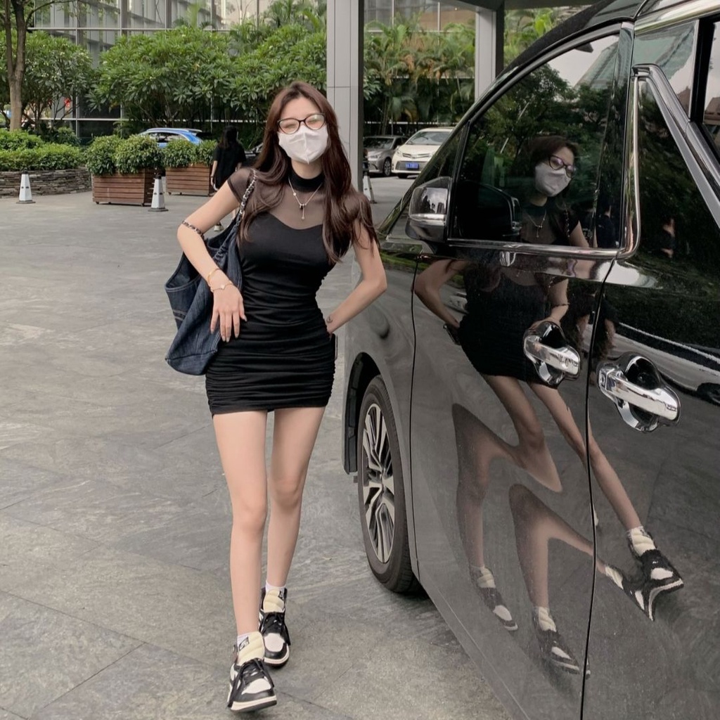 Đầm Ngắn Tay Lưng Cao Xếp Ly Màu Đen Quyến Rũ Thời Trang Phong Cách Mới 2023