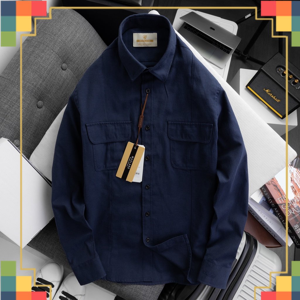 SHOP QAXK - Áo Sơmi Xanh Đen Musland 2 túi năng động dáng slimfit cực đẹp chất Oxford xịn không quá dày mát mẻ cả ngày -