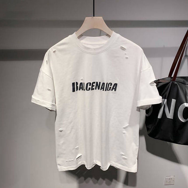 Japanese Fashion Brand Letter Printed Ripped Model Top Short-Sleeved Cotton T-shirt Men's Summer Youth Cool T-shirt Handsome 2DwB