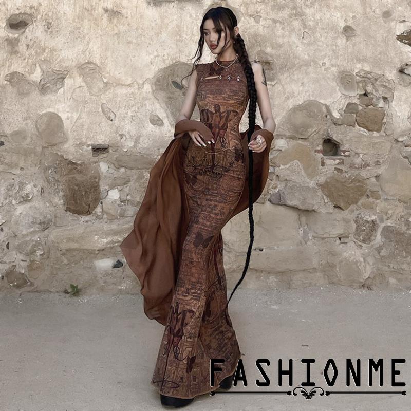 Đầm Dài Ôm Dáng Không Tay Cổ Tròn In Họa Tiết Bướm Rỗng Phong Cách Vintage Cho Nữ