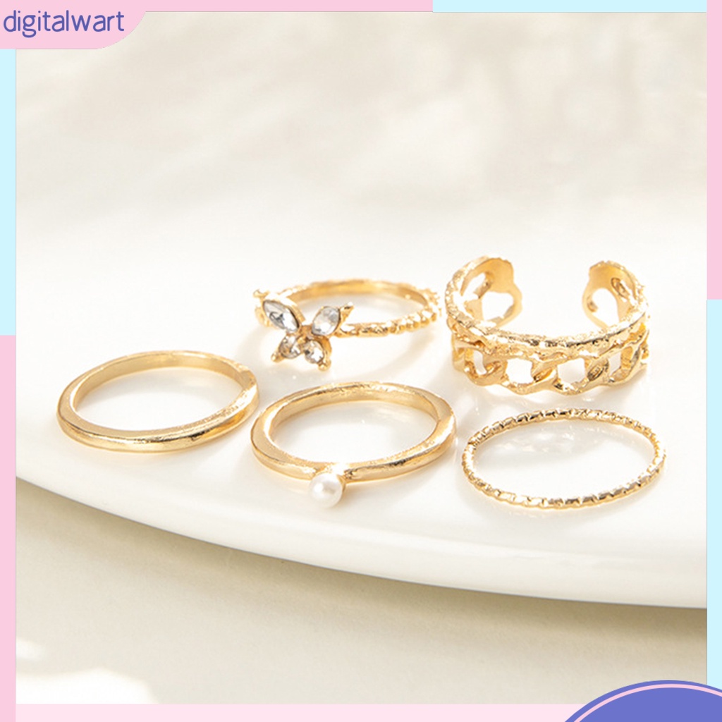 Bộ 5 Nhẫn Đeo Đốt Ngón Tay Hình Bướm Đính Ngọc Trai Giả Phong Cách Vintage Cho Nữ