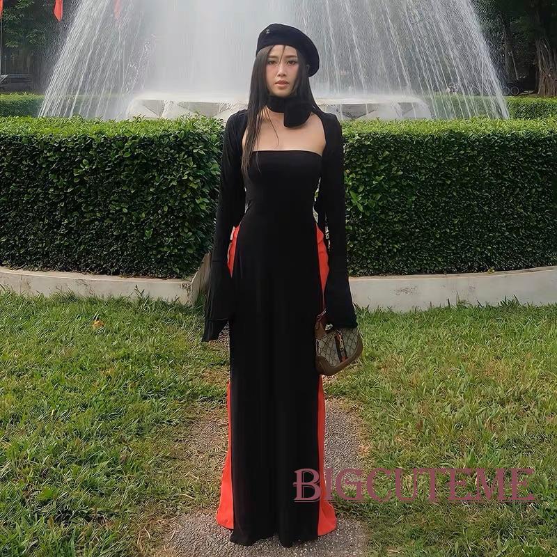 [] Đầm Dài Mùa Hè Không Dây Xẻ Tà Bên Hông Tay Dài Bolero Shrug &amp; Choker Hoa Hồng Cho Nữ