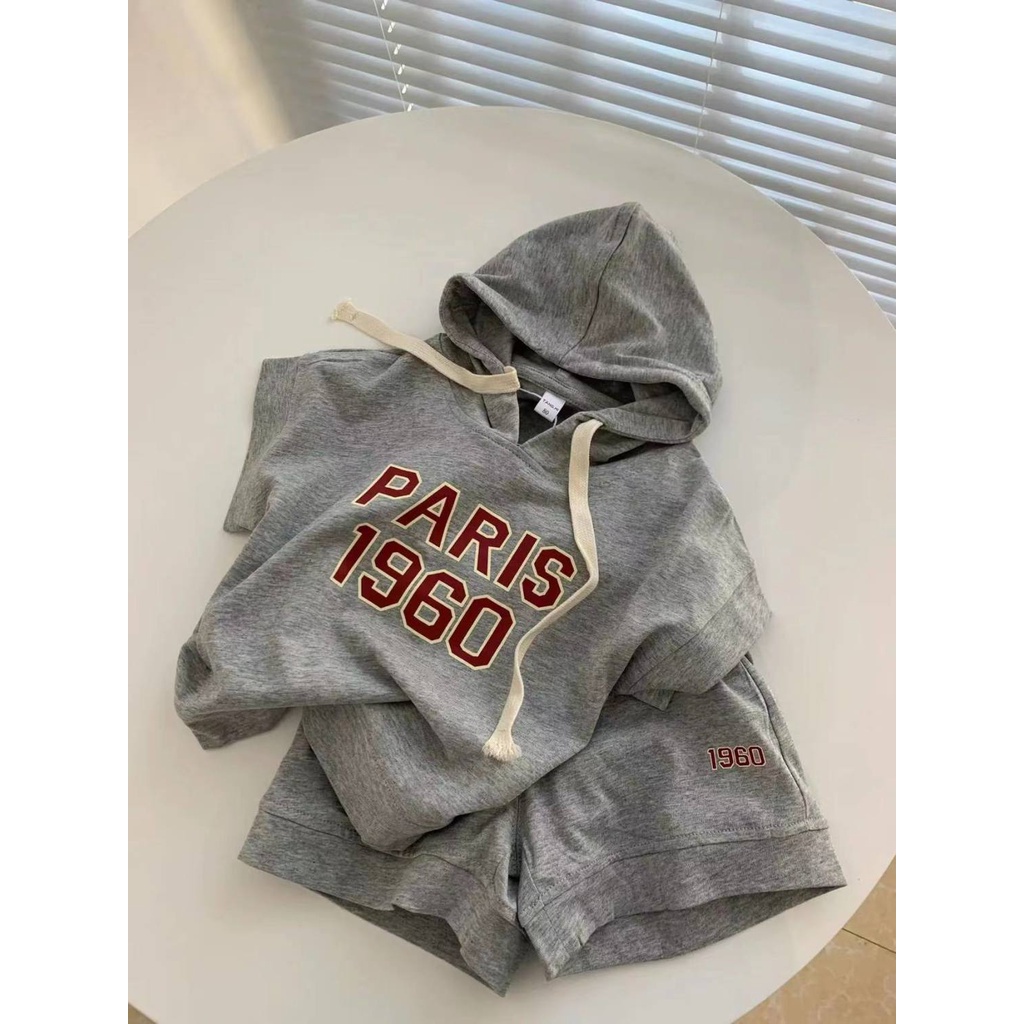 Set Áo Hoodie Tay Ngắn + Quần Short Màu Sắc Đơn Giản Phong Cách Hàn Quốc Cho Bé Trai