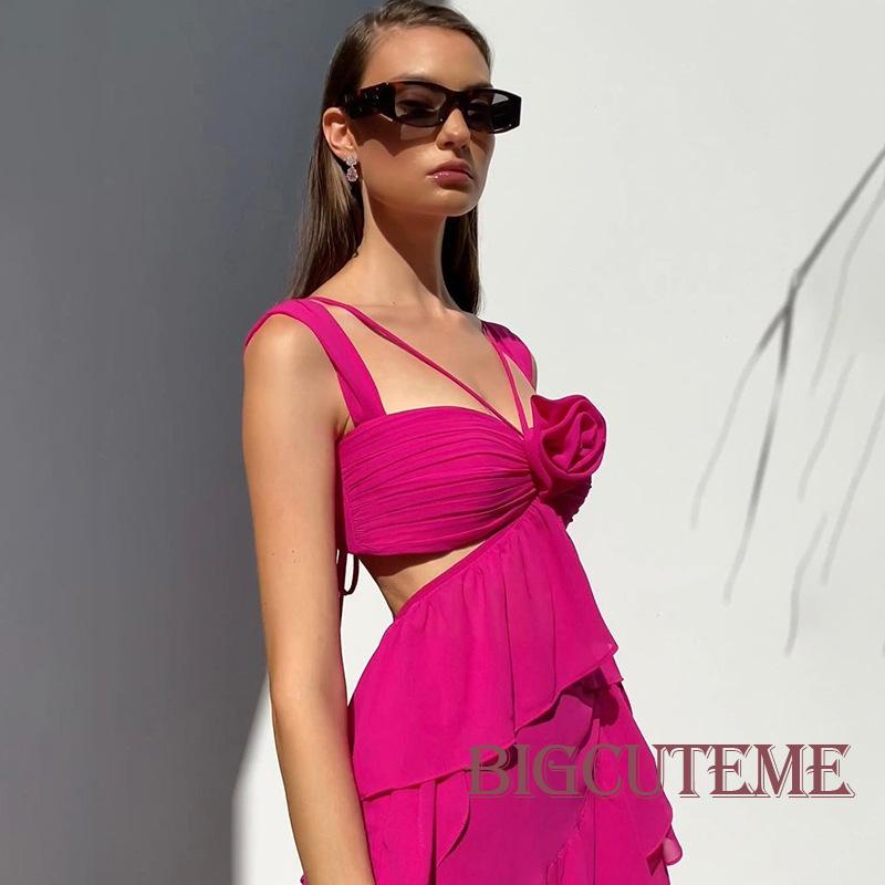 Đầm Midi Không Tay Nhún Bèo Họa Tiết Hoa Thời Trang Mùa Hè Cho Nữ