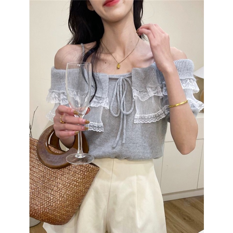 Áo Dệt Kim Trễ Vai Phối Ren Thời Trang Mùa Hè Cho Nữ