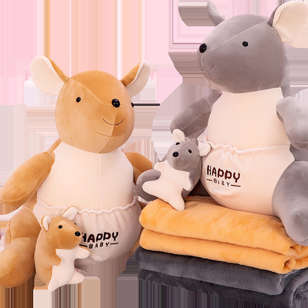 Bộ Chăn Gối Hai Trong Một Bằng Lông Cừu Đàn Hồi Hình Kangaroo