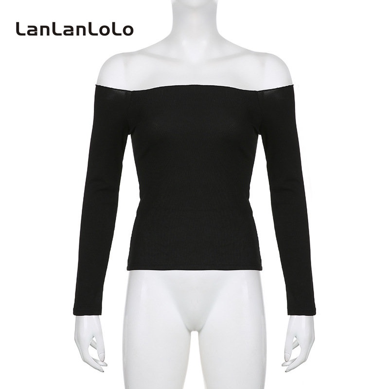 Áo thun LanLanLoLo tay dài dáng ôm trễ vai màu trơn quyến rũ 2023 cho nữ