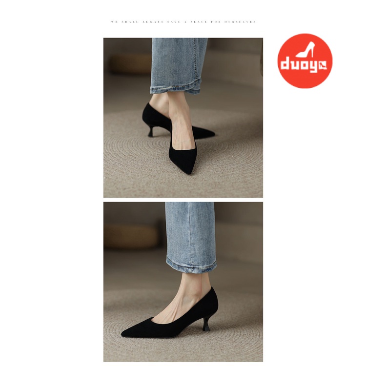 Duoya Giày Cao Gót Da Mũi Nhọn Miệng Nông Phong Cách Công Sở Cho Nữ