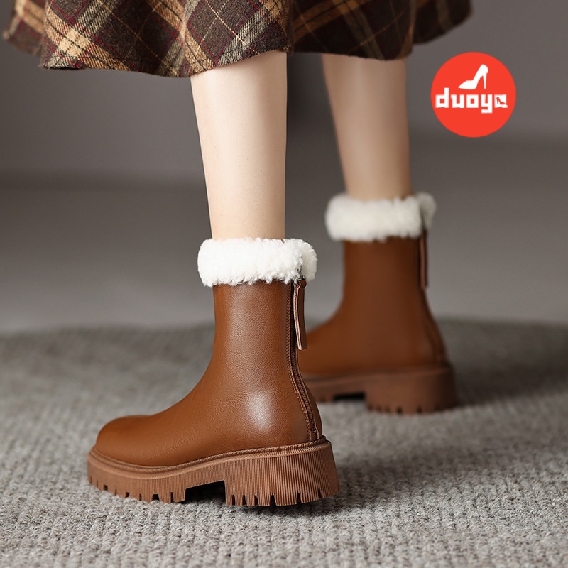 Giày Bốt Martin Da Thật Lót Lông Cừu Mềm Dày Dặn Mũi Tròn Màu Nâu Wakatsu Thời Trang 2022 Cho Nữ