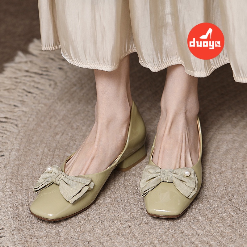 Duoya Tóc Thẳng ~ [Hàng Có Sẵn] Giày Gót Dày Mũi Vuông Miệng Nông Đính Nơ Thanh Lịch Cho Nữ Miễn Phí Vận Chuyển