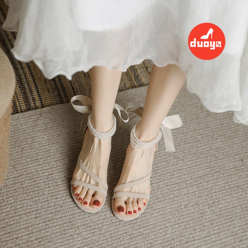 Duoya Giày Cao Gót Đế Dày Buộc Dây Đính Hạt Giả Ngọc Trai 32 Hàng Miễn Phí Cho Phù Dâu
