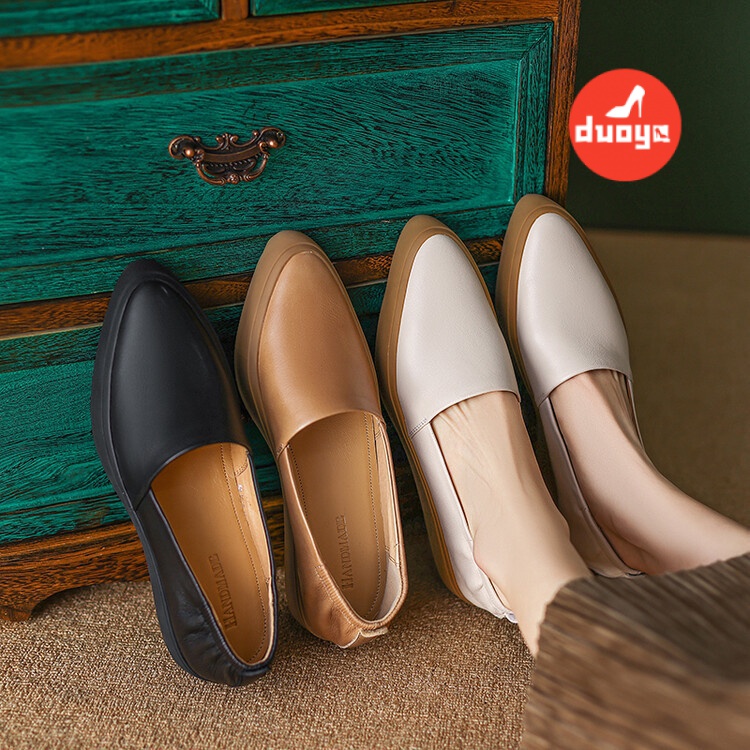 Duoya Tóc Thẳng ~ [Hàng Có Sẵn] Giày Búp Bê Da Mềm Mũi Nhọn Miệng Phẳng Dày Dặn Co Giãn Sang Trọng Cho Bà Ngoại Giao Hàng Miễn Phí