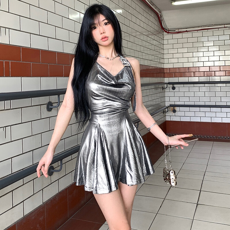 Kliou Đầm Dáng Chữ A Xếp Ly Cổ Treo Màu Bạc Sáng Kiểu Retro Thời Trang Mùa Hè 2023