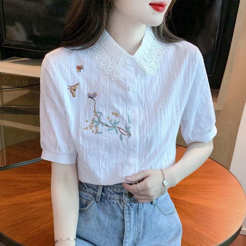 Áo Sơ Mi Cotton Mỏng Tay Ngắn Thêu Họa Tiết Thời Trang Mùa Hè 2023 Cho Nữ