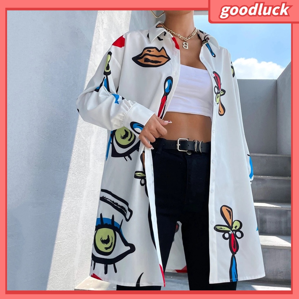 [ULK] Áo Sơ Mi Dài Tay Một Hàng Nút In Hình Đôi Mắt Thời Trang Dài Ngang Bắp Chân Cho Nữ