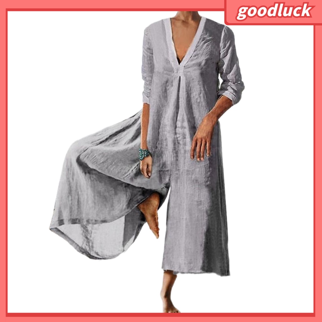 Áo Liền Quần Cổ Chữ V Tay 3 / 4 Ống Rộng Màu Sắc Trơn Thời Trang Mùa Thu Cho Nữ