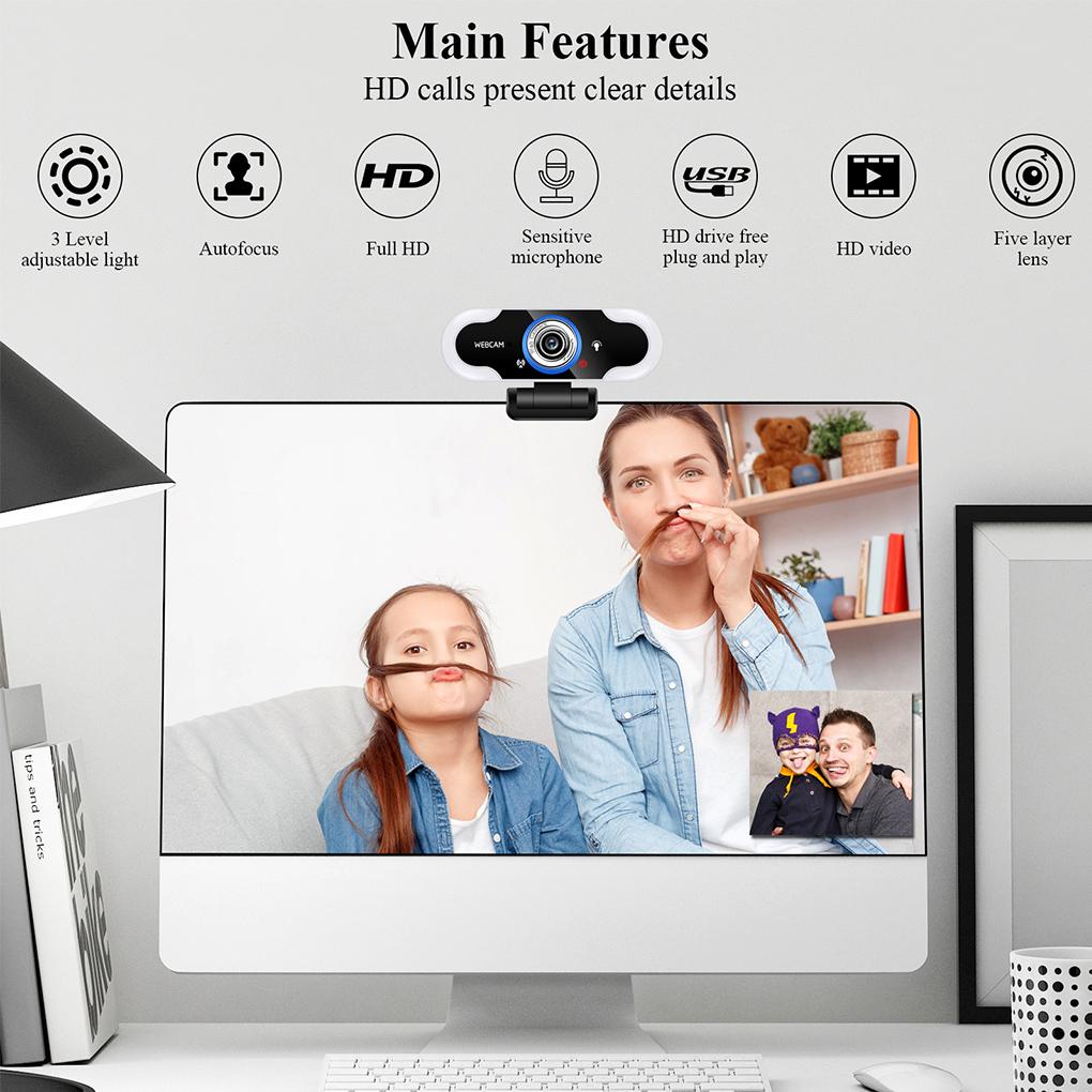 Camera USB 1080P Đèn LED Trắng 5500K Có Micro Hình Tam Giác Mới Cho Máy Tính