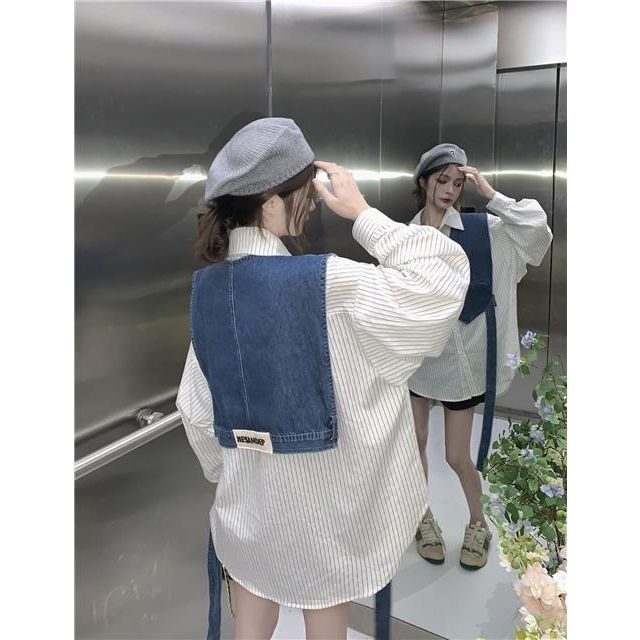 Set Áo Sơ Mi Kẻ Sọc Form Rộng + Áo Khoác Denim Không Tay Thiết Kế Mới Năng Động Thời Trang