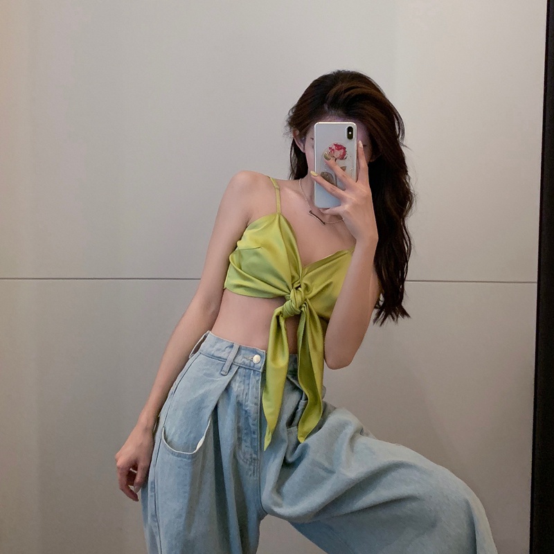 Áo Croptop Hai Dây Cổ Chữ V Thắt Nơ Thời Trang Gợi Cảm Cho Nữ