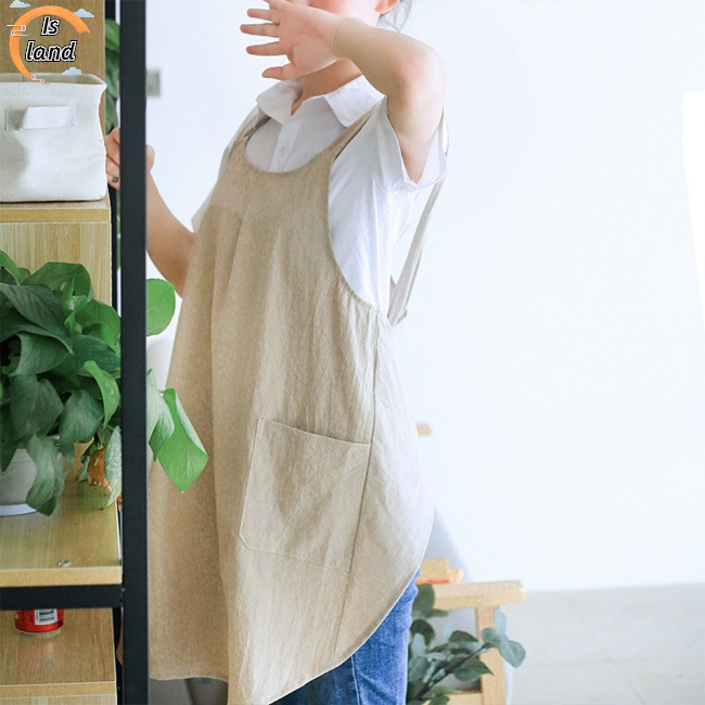 Tạp Dề Cotton Lanh Màu Trơn Dây Chéo Có Túi 2 Ngăn Phong Cách Nhật Hàn Đơn Giản Cho Nữ