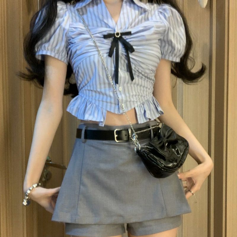 Đầm Dáng Ôm Họa Tiết Kẻ Sọc Đính Nơ Phong Cách Hàn Quốc Thời Trang Mùa Hè 2023 Mới